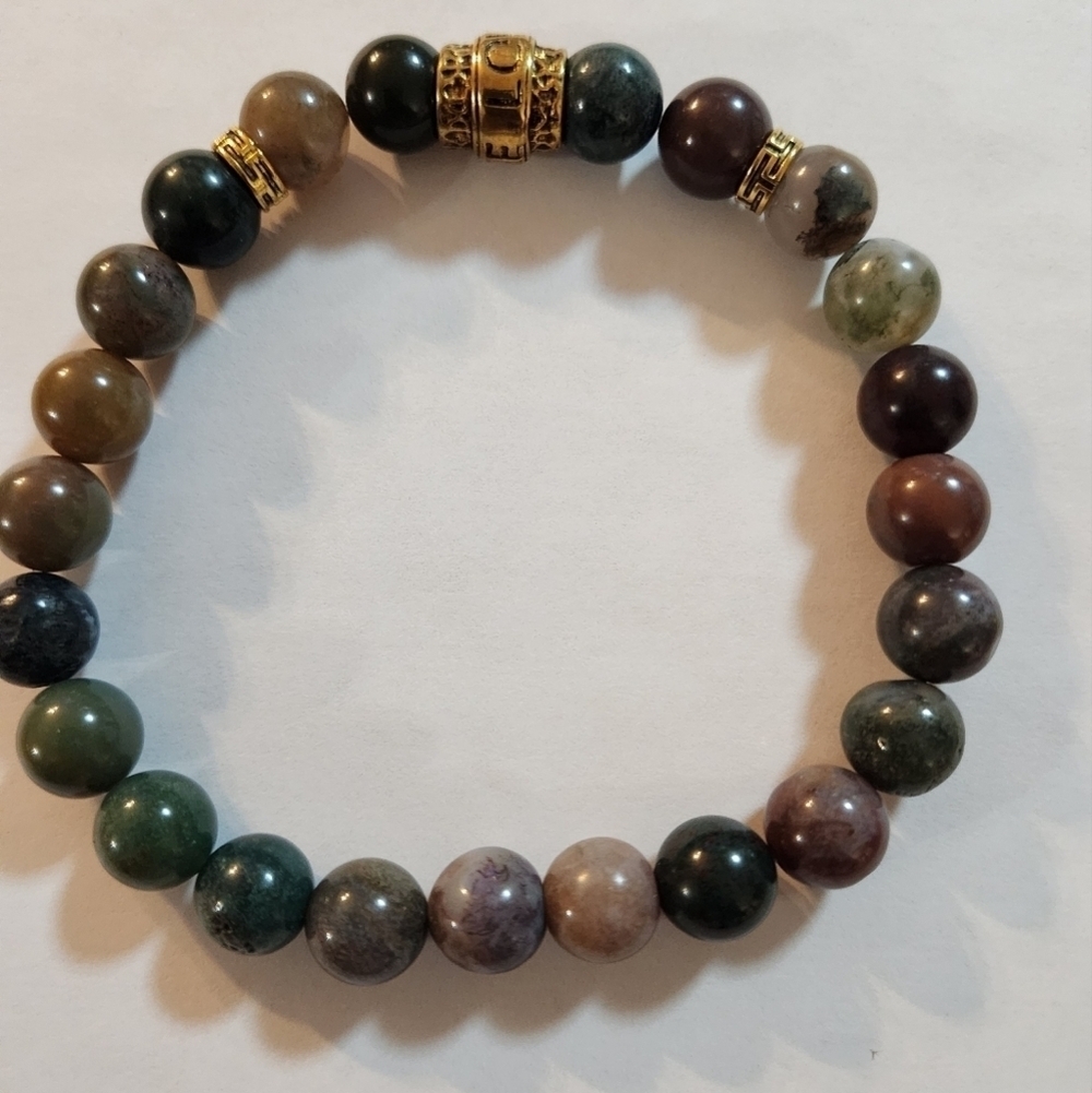Hand Crafted Stretch Bracelet Gemstone with LOVE Bead Green Brown Antique Gold
